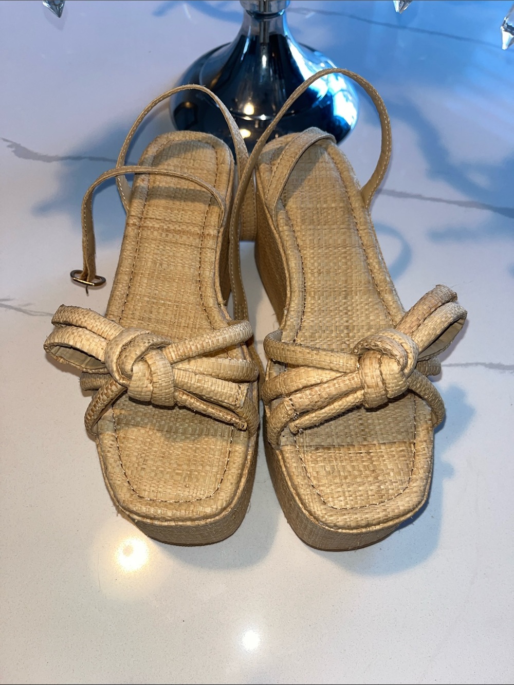 Neutral Beige Raffia platform sandals sling back bow ankle